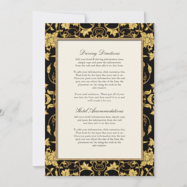 Elegantes Script Black Gold Glitzer Damask Hochzei Einladung (Vorderseite)