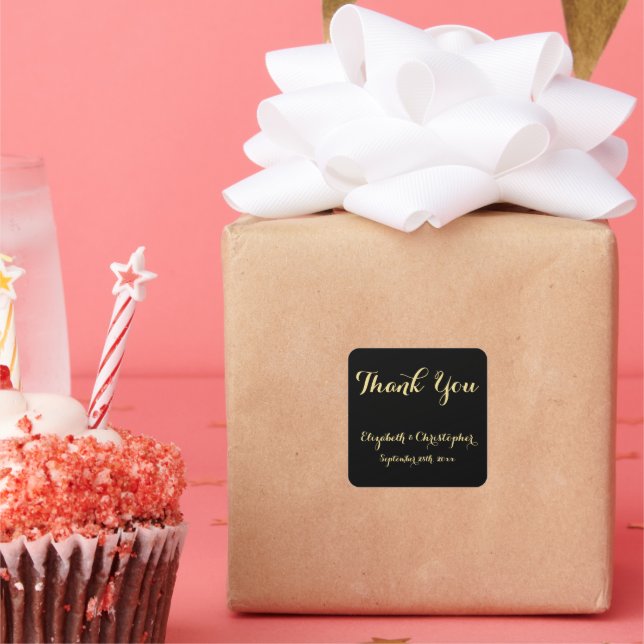 Elegantes Script Black Gold Hochzeit Vielen Dank Quadratischer Aufkleber (Party)