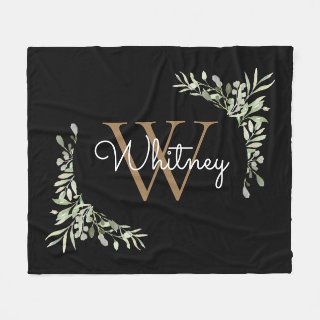 Elegantes Script Black Gold Monogram Greenery Fleecedecke (Vorderseite (Horizontal))