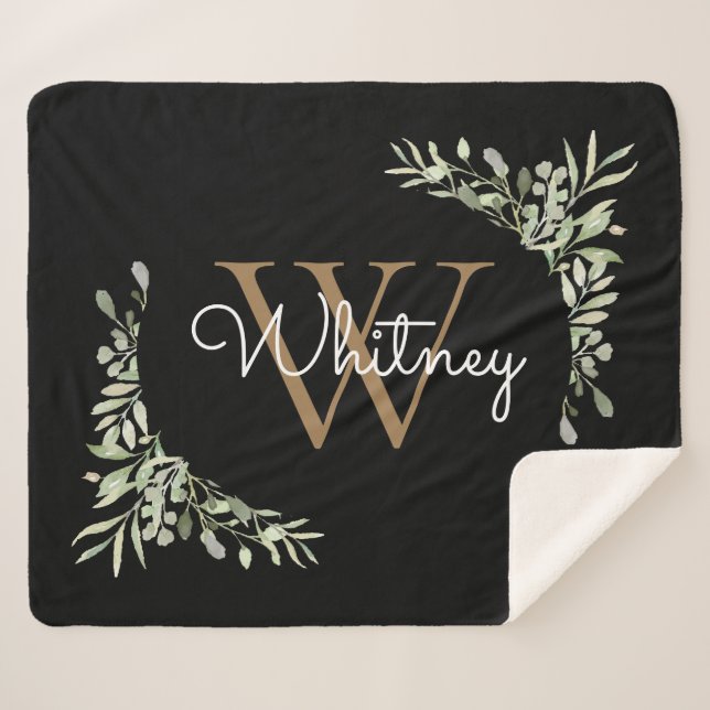 Elegantes Script Black Gold Monogram Greenery Sherpadecke (Vorderseite (Horizontal))