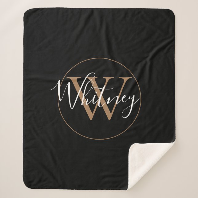 Elegantes Script Black Gold Monogram Sherpa Blanke Sherpadecke (Vorderseite)