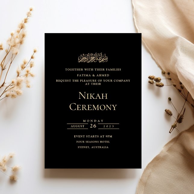 Elegantes Script Black Gold Nikah Zeremonie Einladung (Von Creator hochgeladen)