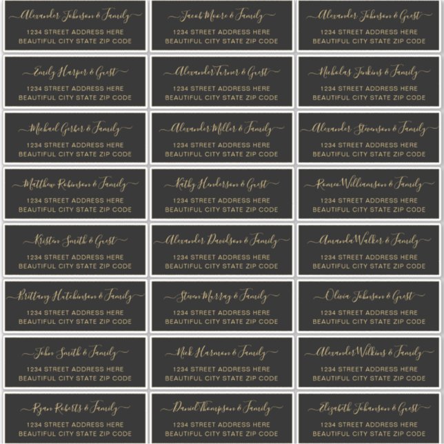 Elegantes Script Black Gold Wedding Guest Address Aufkleber (Vorderseite)