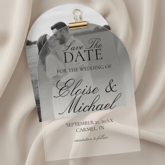 Elegantes Script Black Gradient Save the Date Acryleinladungen (Invite guests to mark their calendars with this Elegant Script Gradient Wedding Acrylic Invitation!)