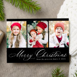 Elegantes Script Black Merry Christmas 3 Foto Feiertagskarte<br><div class="desc">Einfache Weihnachtskarte mit drei senkrechten Fotos und "Frohe Weihnachten" in einem festlichen weißen Kalligrafieschrift auf schwarzem Hintergrund. Personalisieren Sie die Vorderseite der Multi-Foto Weihnachtskarte mit Ihrem Familiennamen und dem Jahr. Die Karte zeigt ein modernes kariertes Schwarz-Weiß-Muster an.</div>