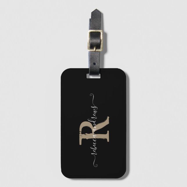 Elegantes Script Black Monogram Name Holiday Trave Gepäckanhänger (Vorderseite Vertikal)
