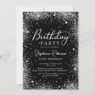 Elegantes Script Black Silver Glitzer 10. Geburtst Einladung