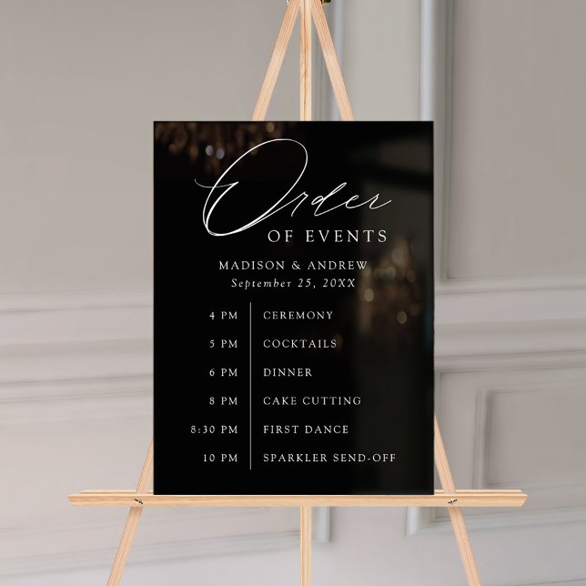 Elegantes Script Black Wedding Order of Events Acrylschild (Von Creator hochgeladen)