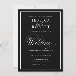 Elegantes Script Black & White Wedding Black Einladung