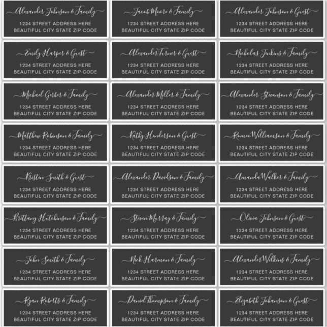 Elegantes Script Black White Wedding Guest Address Aufkleber (Vorderseite)