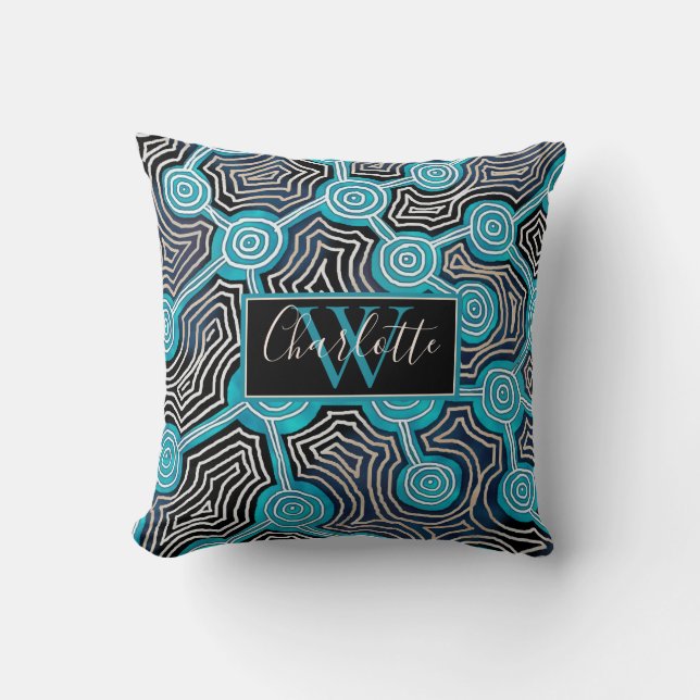 Elegantes Script Blue Abstrakt Monogram Kissen (Vorderseite)