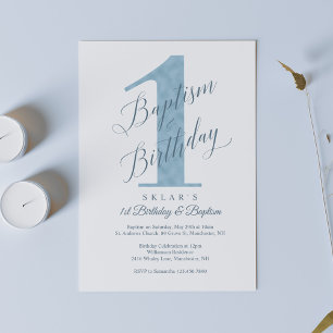 Elegantes Script Blue Baby's 1. Geburtstag & Taufe Einladung