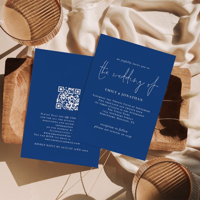 Elegantes Script Blue QR Code Hochzeit Einladung (Front and back view. Available digitally and printed.)