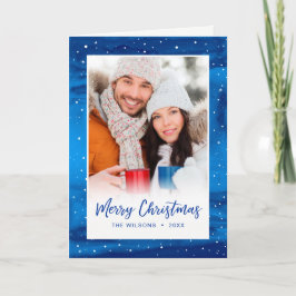 Elegantes Script Blue Snow Frohe Weihnachts-Foto Feiertagskarte