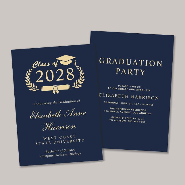 Elegantes Script Blue Uni-Abschluss Party Einladung (An elegant college graduation party invitation to celebrate the graduate's achievements)