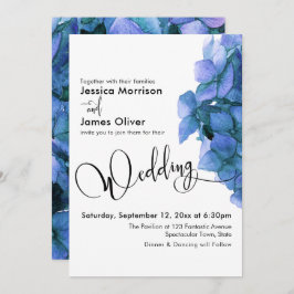 Elegantes Script Blue Watercolor Hydrangea Wedding Einladung