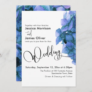 Elegantes Script Blue Watercolor Hydrangea Wedding Einladung