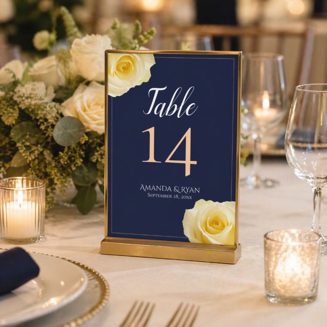 Elegantes Script Blue Yellow Rose Floral Wedding Tischnummer (Von Creator hochgeladen)
