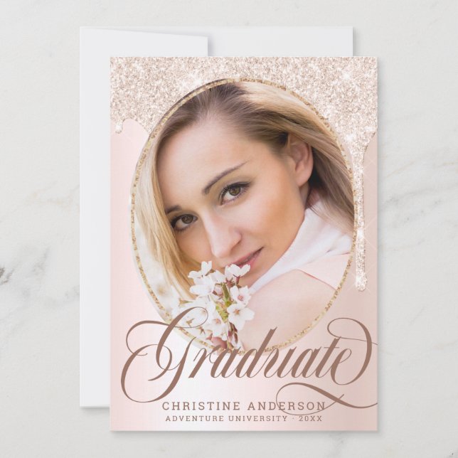 Elegantes Script Blush Glitzer Foto 2025 Abschluss Ankündigung (Vorderseite)