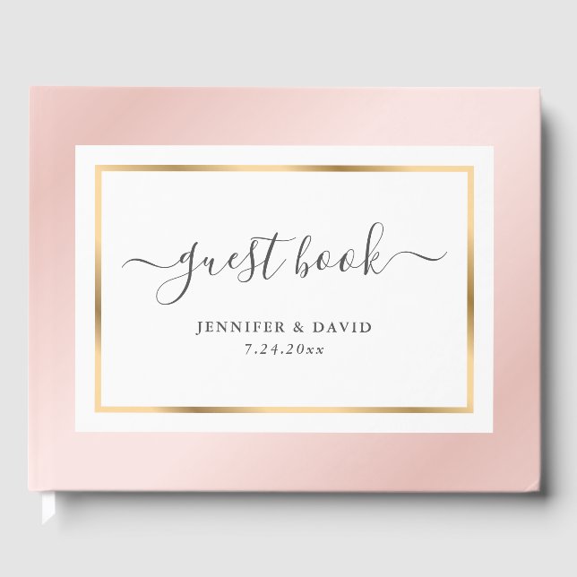 Elegantes Script Blush Pink Gold Hochzeit Gästebuch (Vorderseite)
