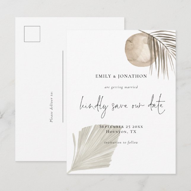 Elegantes Script Boho Pampas Grass Save the Date Einladungspostkarte (Vorne/Hinten)