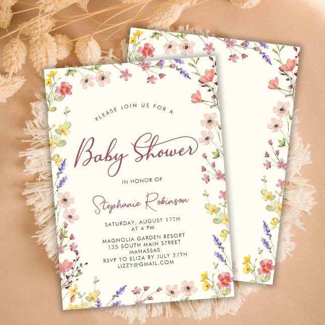Elegantes Script Boho Wildblume Girl Baby Shower Einladung (Von Creator hochgeladen)