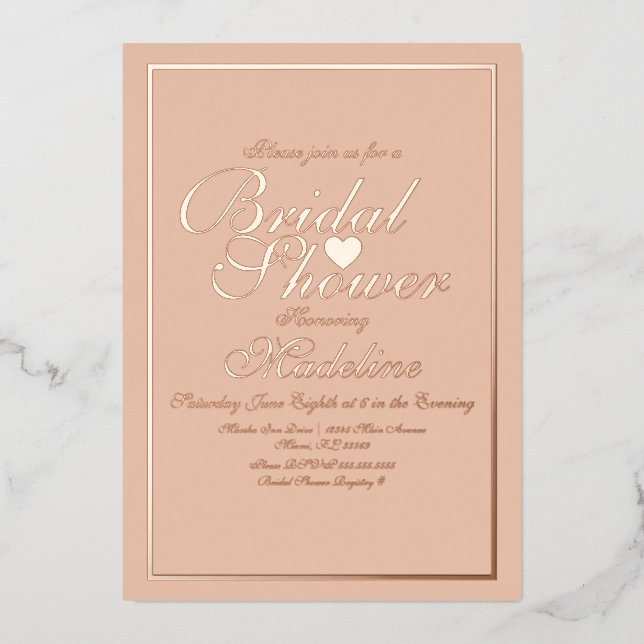 Elegantes Script Border Heart Brautparty Folieneinladung (Vorderseite)