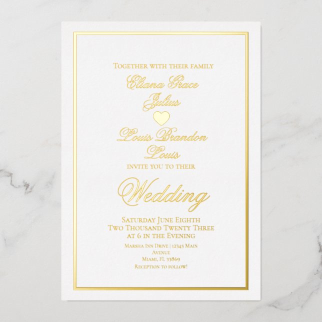 Elegantes Script Border Heart Wedding Pressed Folieneinladung (Vorderseite)