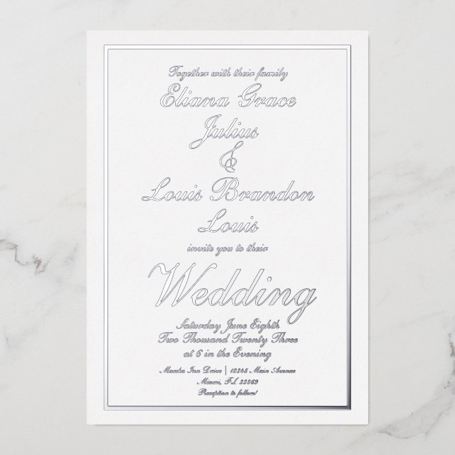 Elegantes Script Border Wedding Pressed Silver Folieneinladung (Vorderseite)