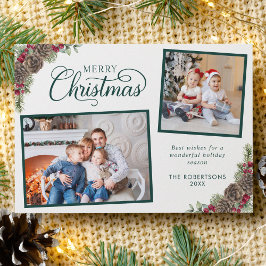 Elegantes Script Botanical 2 Foto Weihnachtsgrün Feiertagskarte