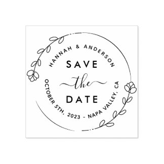 Elegantes Script & Botanischer Kranz Save the Date Gummistempel