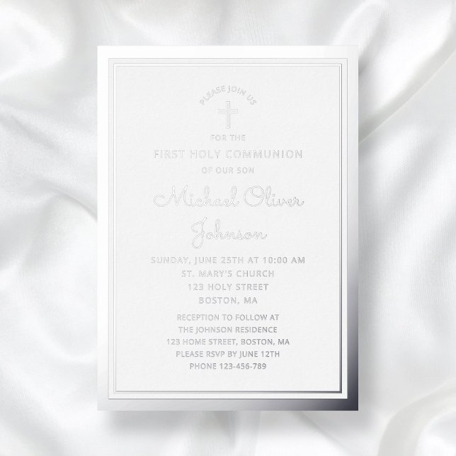 Elegantes Script Boy First Communion Silver Folieneinladung (Elegant Script Boy First Communion Silver Foil Invitation)