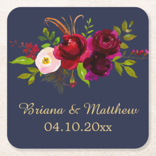 Elegantes Script Burgundy Floral auf Navy Blue Rechteckiger Pappuntersetzer