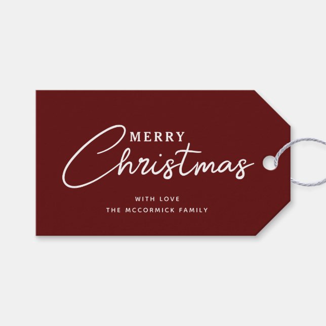 Elegantes Script Burgundy Frohe Weihnachten Geschenkanhänger (Vorderseite (Horizontal))