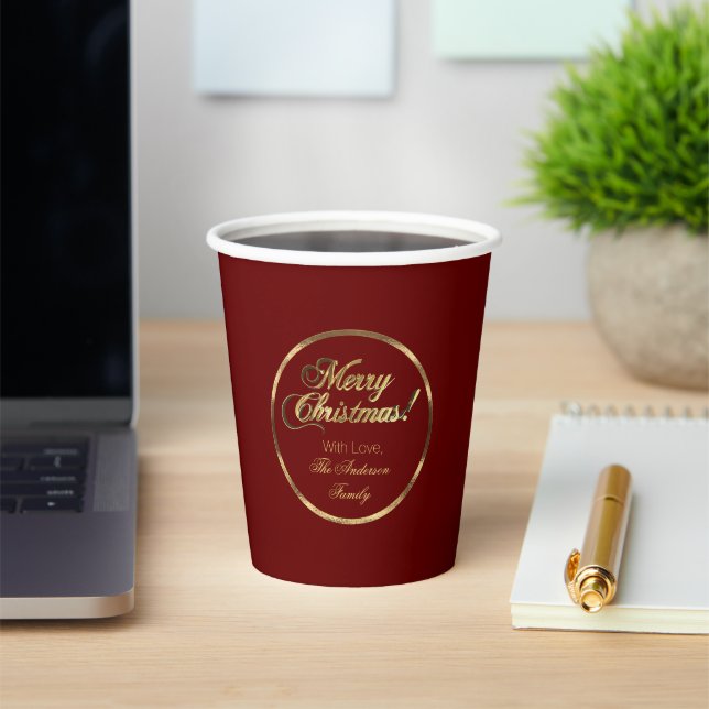 Elegantes Script Burgundy Red and Gold Weihnachten Pappbecher (InSitu)