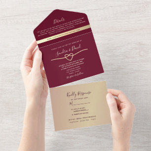 Elegantes Script Burgundy Wedding All In One Einladung