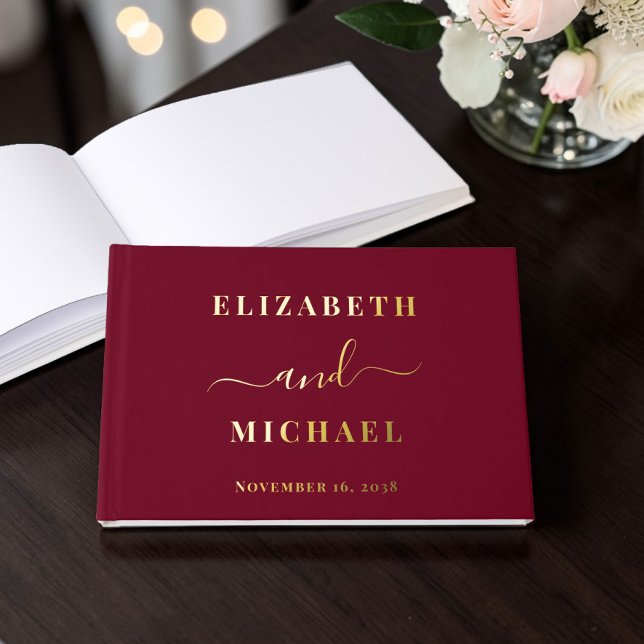Elegantes Script Burgundy Wedding Gästebuch (Elegant Script Burgundy Wedding Foil Guest Book)
