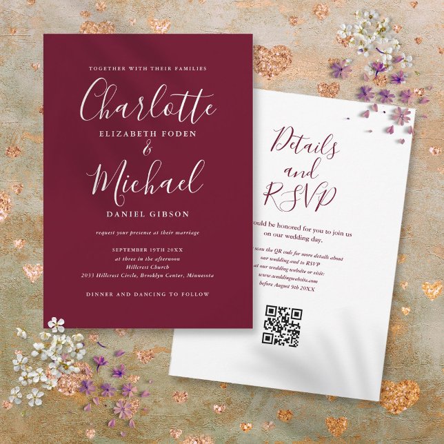 Elegantes Script Burgundy Wine QR Code Hochzeit Einladung (Elegant Script Burgundy Wine QR Code Wedding Invitation)