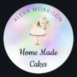 elegantes Script-cake Runder Aufkleber<br><div class="desc">Elegantes Design mit einem Blumenkuchenlogo und Blume in den Farben des Wassers. Sie können den Text und andere Features,  einschließlich Form und Größe,  anpassen.</div>