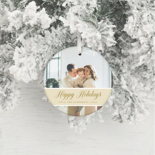 Elegantes Script Calligraphy Happy Holidays Foto Ornament (Von Creator hochgeladen)