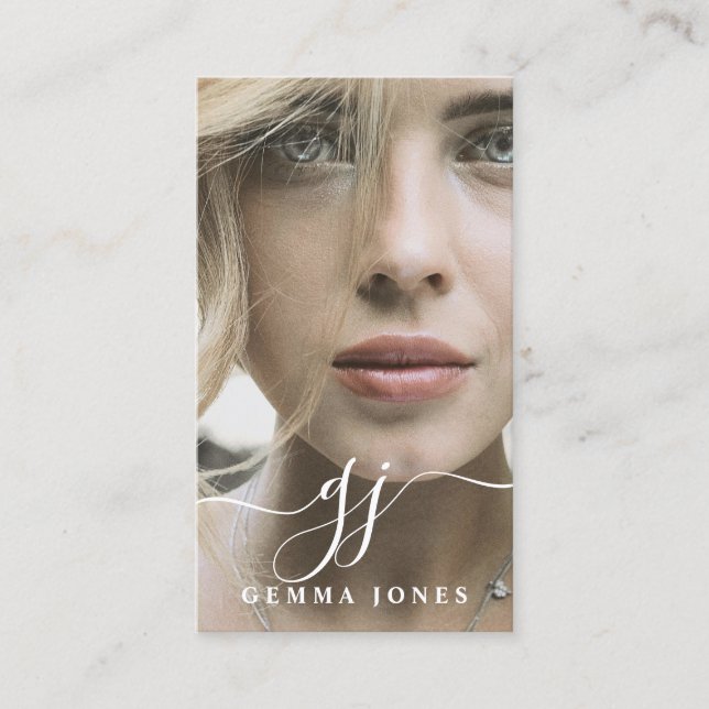 Elegantes Script Calligraphy Monogram Logo & Foto Visitenkarte (Vorderseite)