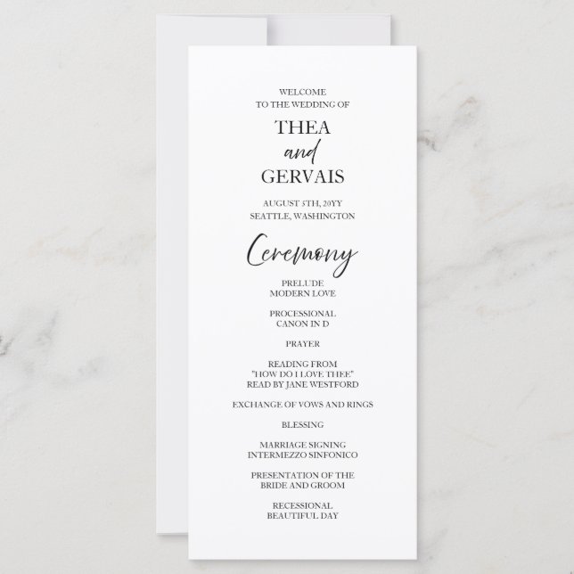 Elegantes Script Calligraphy White Wedding Program (Vorderseite)