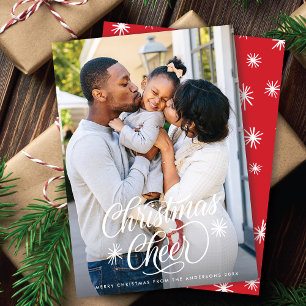 Elegantes Script Christmas Cheer + Snowflakes Foto Feiertagskarte
