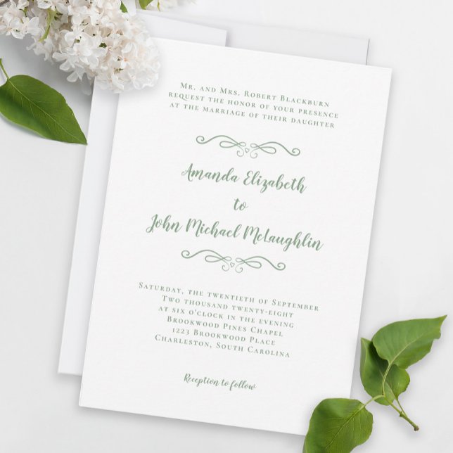 Elegantes Script Classic Wedding Sage Green in Einladung (Elegant Script Classic Wedding Sage Green White Invitation)