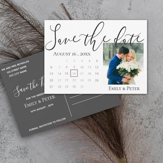 Elegantes Script-Classy Back White Wedding Foto Save The Date (Von Creator hochgeladen)