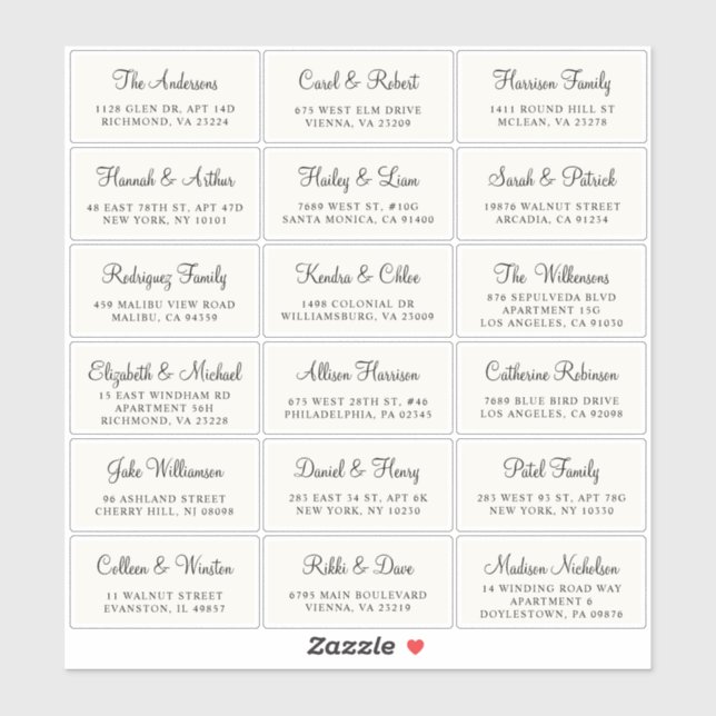 Elegantes Script Cream Wedding Guest Address Aufkleber (Blatt)