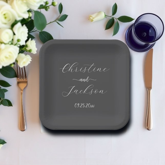 Elegantes Script Dark Gray Wedding Pappteller (Von Creator hochgeladen)