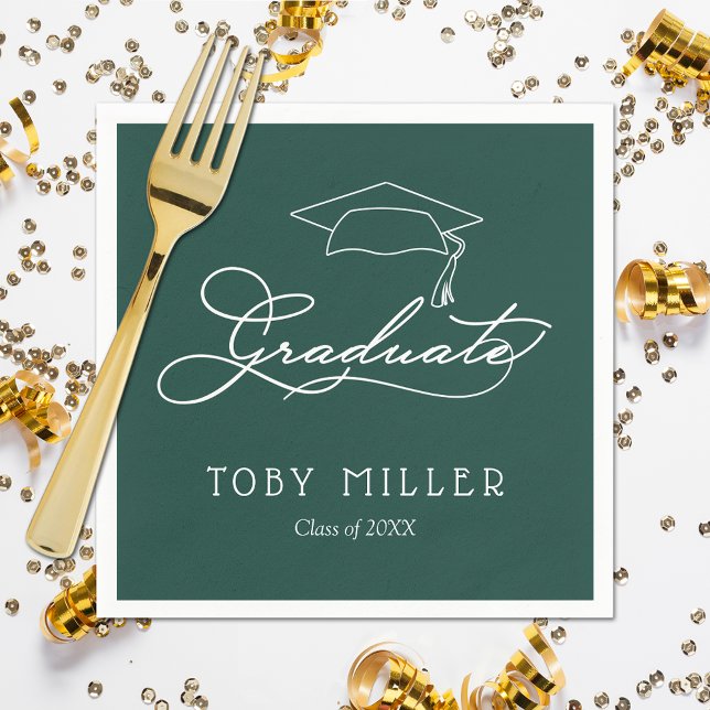 Elegantes Script Dark Green Abschluss Napkins Serviette (White script grad cap on dark green personalized graduation party napkins, paper plates in our store)