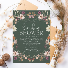 Elegantes Script Dark Green Wildblume Baby Shower Einladung