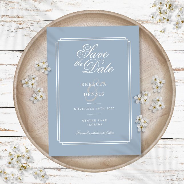 Elegantes Script Dusty Blue Art Deco Hochzeit Save The Date (Elegant Script Dusty Blue Art Deco Wedding Save The Date)